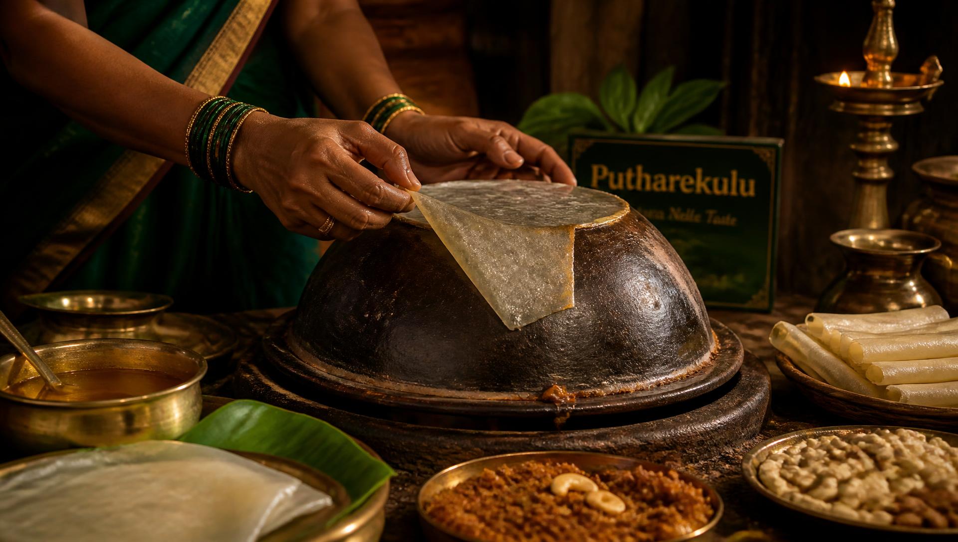 Artisan hands peeling a wafer-thin Putharekulu sheet from a hot clay pot in Konaseema